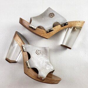 Trina Turk Palm Springs Lucite Heel Womens 9 Silver Wooden Slip On Platform Shoe